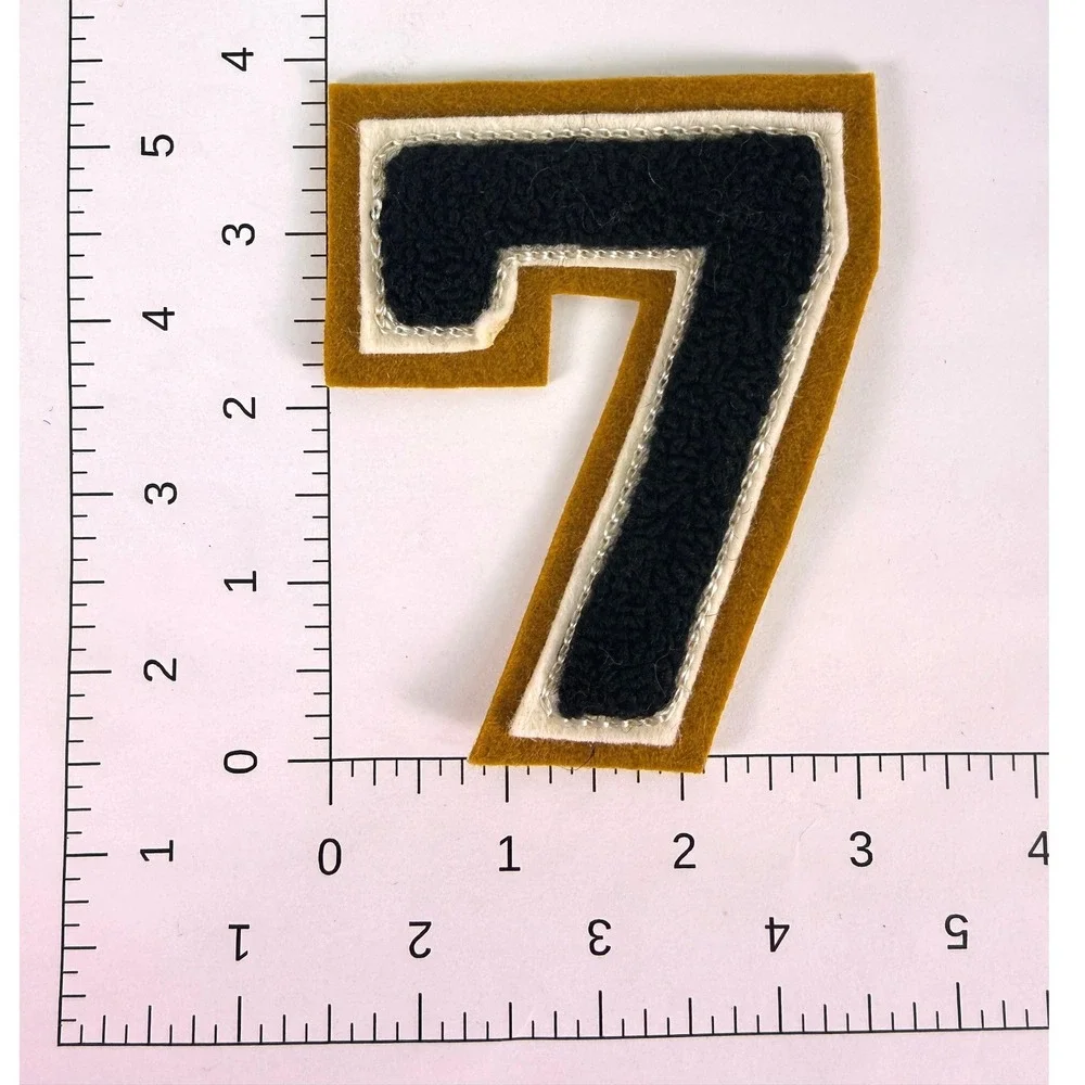 Vintage Chenille Number 7 Patch Letterman Varsity Jacket Black White Gold 3.75in